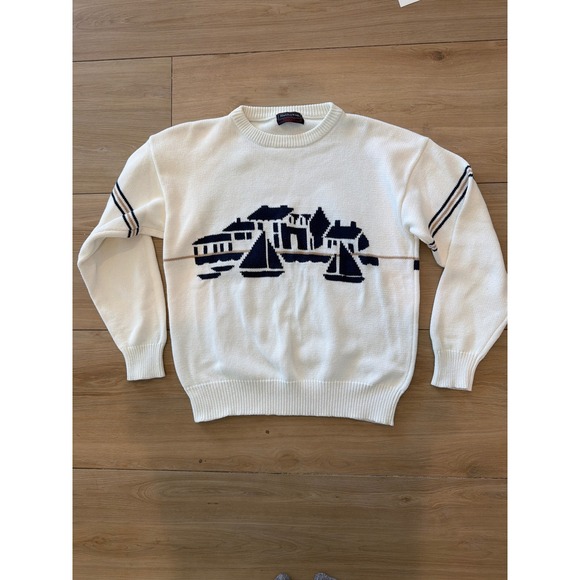 Vintage Hathaway Mens White Cotton Nautical Sailboat Intarsia Knit Sweater L